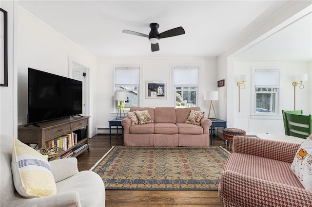 7 Pleasant Vw, Jamestown, RI 02835 - living room with baseboard heating, wood finished floors, and a ceiling fan