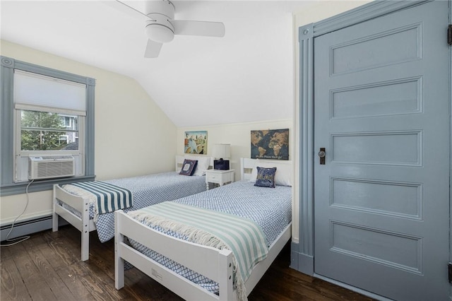 7 Pleasant Vw, Jamestown, RI 02835 - bedroom featuring baseboard heating, lofted ceiling, wood finished floors, cooling unit, and ceiling fan