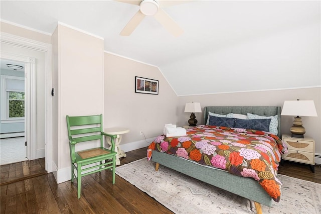 7 Pleasant Vw, Jamestown, RI 02835 - bedroom featuring baseboard heating, wood finished floors, lofted ceiling, crown molding, and a ceiling fan