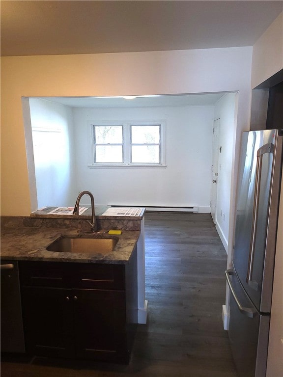 84 Tell St Unit 4A, Providence, RI 02909 - kitchen featuring freestanding refrigerator, dark stone countertops, and dark wood-style flooring