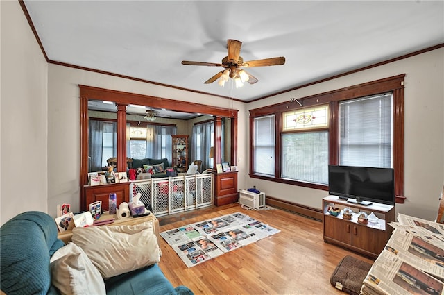 15 Melissa St, Providence, RI 02909 - living room with a ceiling fan, crown molding, and wood finished floors