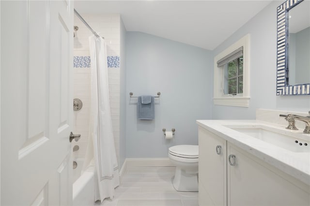 10 Linden Gate Ln, Newport, RI 02840 - bathroom featuring vanity, shower / bath combo, and lofted ceiling