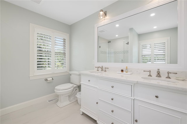 10 Linden Gate Ln, Newport, RI 02840 - bathroom with a stall shower, healthy amount of natural light, double vanity, recessed lighting, and tile patterned floors