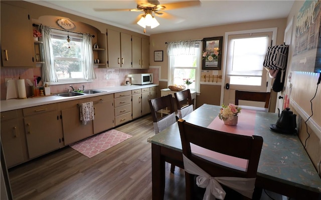 10 Park Way, Lincoln, RI 02838 - kitchen featuring white microwave, tasteful backsplash, light countertops, and wood finished floors