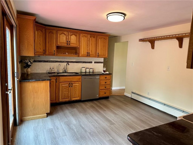 55 Circle Dr, Mansfield, CT 06250 - kitchen featuring stainless steel dishwasher, baseboard heating, open shelves, light wood-type flooring, and brown cabinetry