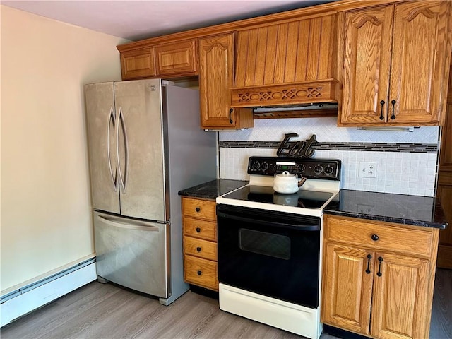55 Circle Dr, Mansfield, CT 06250 - kitchen with electric stove, baseboard heating, freestanding refrigerator, brown cabinetry, and light wood finished floors