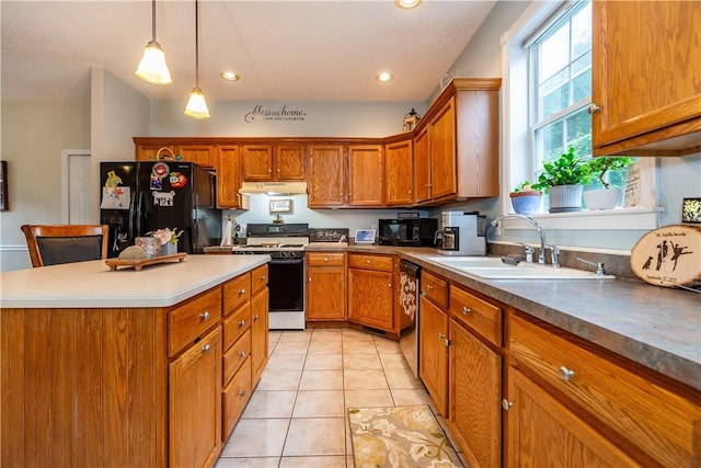 50 S Pond Dr, Coventry, RI 02816 - kitchen featuring black appliances, under cabinet range hood, brown cabinetry, a kitchen island, and recessed lighting