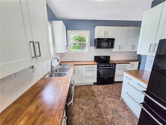156 Broad St, Burrillville, RI 02859 - kitchen featuring butcher block countertops, black appliances, backsplash, and white cabinetry