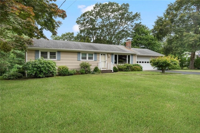 185 Sunnybrook Dr, North Kingstown, RI 02852 - ranch-style home featuring a chimney, a garage, a front lawn, and asphalt driveway
