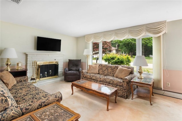 185 Sunnybrook Dr, North Kingstown, RI 02852 - carpeted living room featuring healthy amount of natural light and a brick fireplace