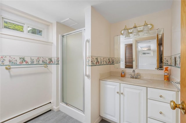 185 Sunnybrook Dr, North Kingstown, RI 02852 - bathroom with a baseboard heating unit, a shower stall, and vanity