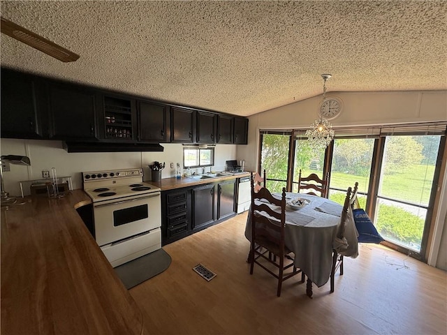 225 Brayton Ave, Tiverton, RI 02878 - kitchen with white appliances, dark cabinetry, under cabinet range hood, light wood-type flooring, and a textured ceiling