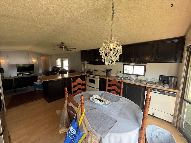 225 Brayton Ave, Tiverton, RI 02878 - kitchen featuring white appliances, dark cabinets, a textured ceiling, light wood finished floors, and a peninsula