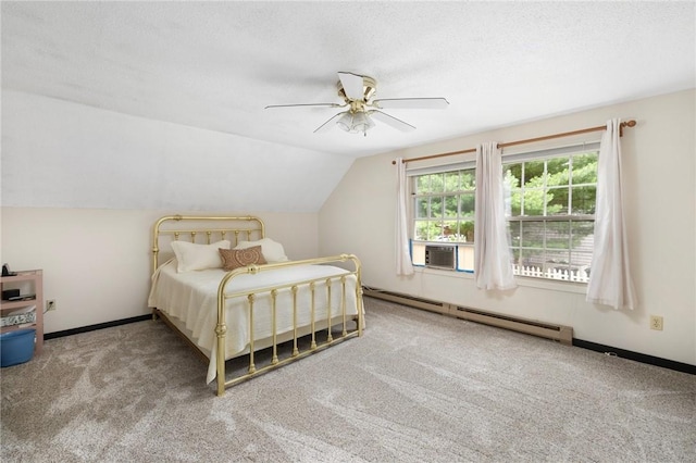 50 Betony Rd, Narragansett, RI 02874 - bedroom with a baseboard radiator, carpet floors, lofted ceiling, ceiling fan, and a textured ceiling