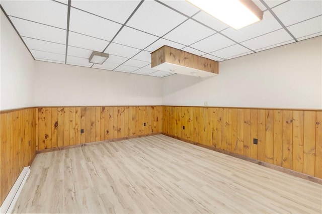 50 Betony Rd, Narragansett, RI 02874 - unfurnished room featuring a baseboard radiator, wood finished floors, a paneled ceiling, wainscoting, and wood walls