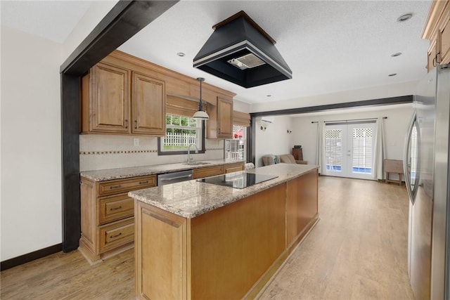 50 Betony Rd, Narragansett, RI 02874 - kitchen with stainless steel appliances, french doors, extractor fan, light wood-style flooring, and open floor plan