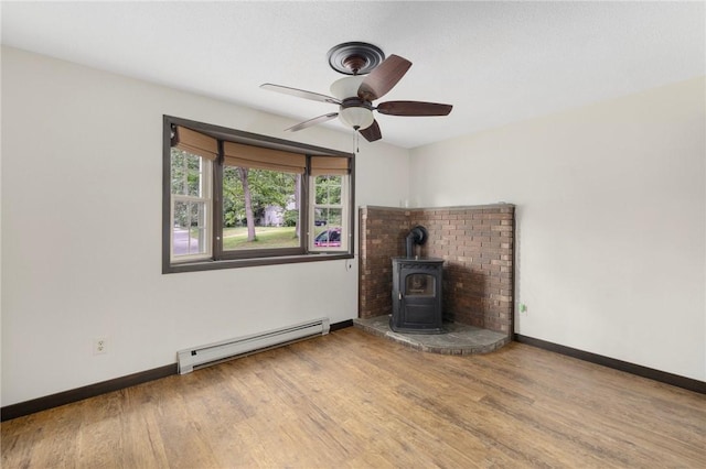 50 Betony Rd, Narragansett, RI 02874 - unfurnished living room featuring a baseboard heating unit, a wood stove, wood finished floors, and ceiling fan