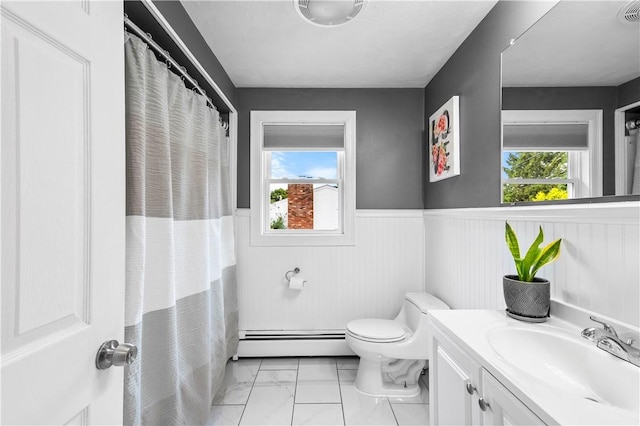 59 Columbus Ave, North Providence, RI 02911 - full bathroom featuring a baseboard radiator, a wainscoted wall, marble look tile flooring, vanity, and a shower with curtain