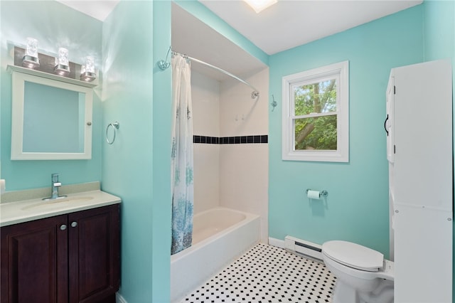 22 Riverdale Rd, Westerly, RI 02891 - bathroom with a baseboard radiator, vanity, and shower / bathtub combination with curtain