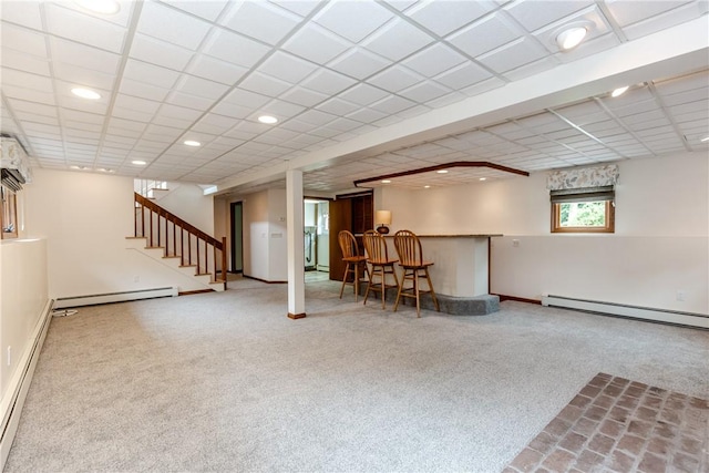 422 Buxton St, North Smithfield, RI 02896 - basement with a baseboard radiator, a bar, stairway, carpet flooring, and recessed lighting