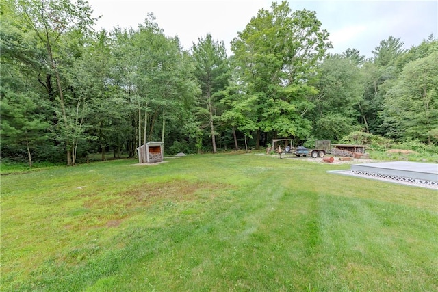 422 Buxton St, North Smithfield, RI 02896 - view of grassy yard featuring a shed and a forest view