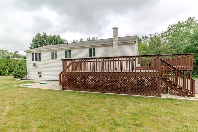 422 Buxton St, North Smithfield, RI 02896 - back of property featuring a deck, a lawn, and a chimney