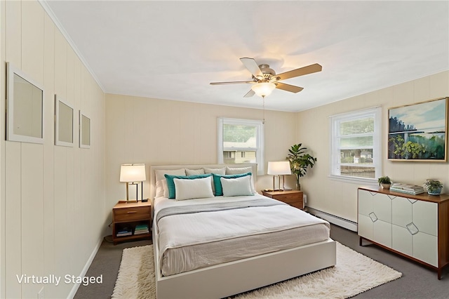 67 Vera St, Warwick, RI 02886 - carpeted bedroom with a baseboard heating unit, ceiling fan, and crown molding