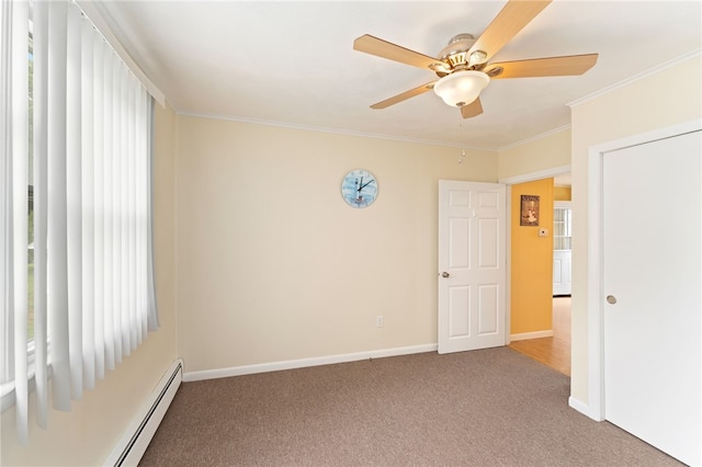 67 Vera St, Warwick, RI 02886 - unfurnished bedroom featuring a baseboard radiator, carpet floors, ornamental molding, and ceiling fan