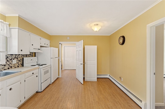 67 Vera St, Warwick, RI 02886 - kitchen featuring white appliances, ventilation hood, a baseboard radiator, ornamental molding, and backsplash