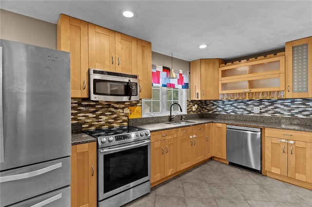 203 Pulaski St, West Warwick, RI 02893 - kitchen with appliances with stainless steel finishes, backsplash, open shelves, glass insert cabinets, and recessed lighting