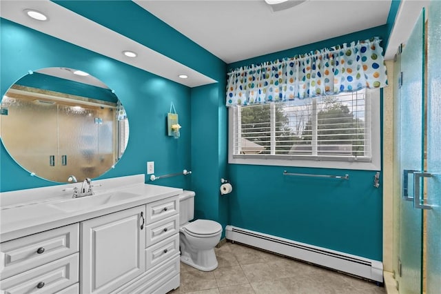 203 Pulaski St, West Warwick, RI 02893 - full bathroom featuring a baseboard heating unit, tile patterned flooring, vanity, a shower stall, and recessed lighting