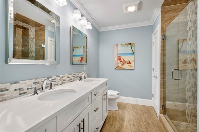 100 Algonquin Rd Unit 13, Narragansett, RI 02882 - full bath with double vanity, a stall shower, crown molding, and backsplash
