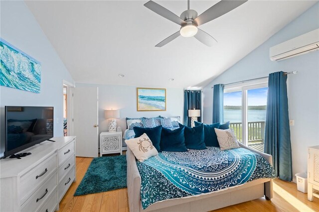 408 Atlantic Ave, Westerly, RI 02891 - bedroom featuring lofted ceiling, access to outside, an AC wall unit, light wood-style flooring, and a ceiling fan