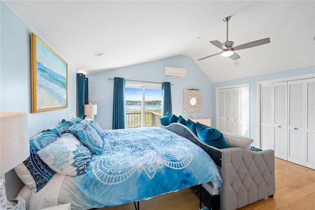 408 Atlantic Ave, Westerly, RI 02891 - bedroom featuring light wood-style flooring, multiple closets, lofted ceiling, ceiling fan, and access to outside