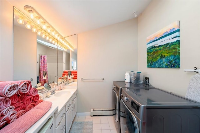 408 Atlantic Ave, Westerly, RI 02891 - full bathroom with washer and dryer, a baseboard heating unit, vanity, tile patterned flooring, and curtained shower
