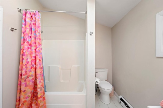 408 Atlantic Ave, Westerly, RI 02891 - full bathroom featuring a baseboard radiator, shower / bath combo with shower curtain, and tile patterned flooring