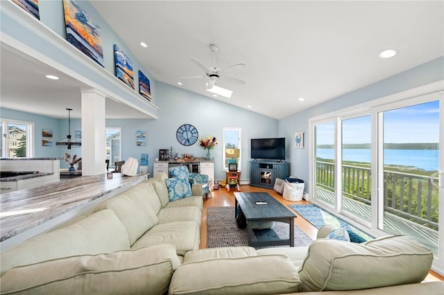 408 Atlantic Ave, Westerly, RI 02891 - living room with a ceiling fan, wood finished floors, recessed lighting, and vaulted ceiling