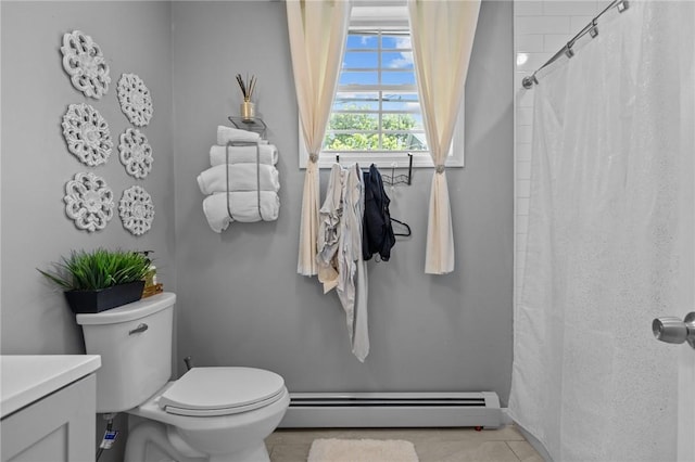 406 Cahill St, Providence, RI 02905 - full bathroom with a baseboard heating unit, vanity, a shower with curtain, and tile patterned floors