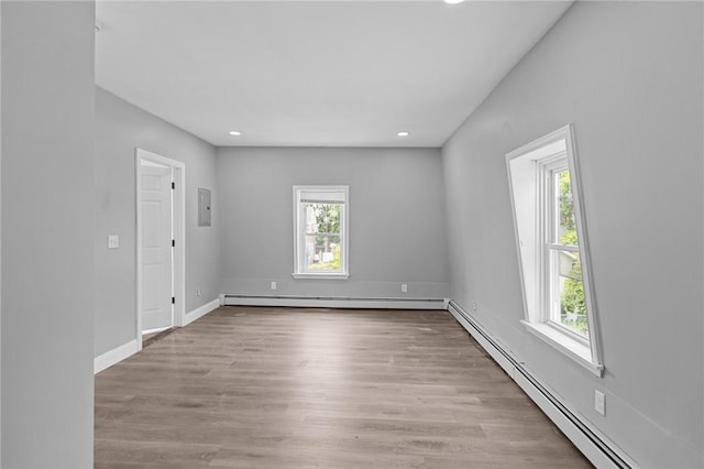 406 Cahill St, Providence, RI 02905 - empty room with a baseboard heating unit, recessed lighting, wood finished floors, and electric panel
