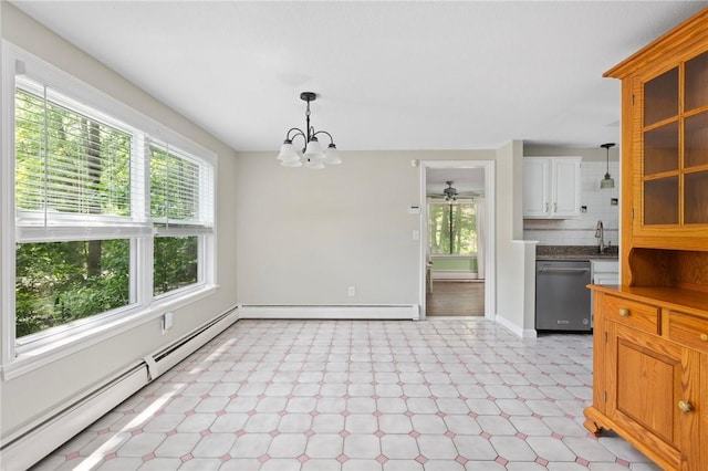 26 Pheasant Run Unit A, Smithfield, RI 02917 - kitchen featuring dishwasher, baseboard heating, a chandelier, a baseboard radiator, and light floors