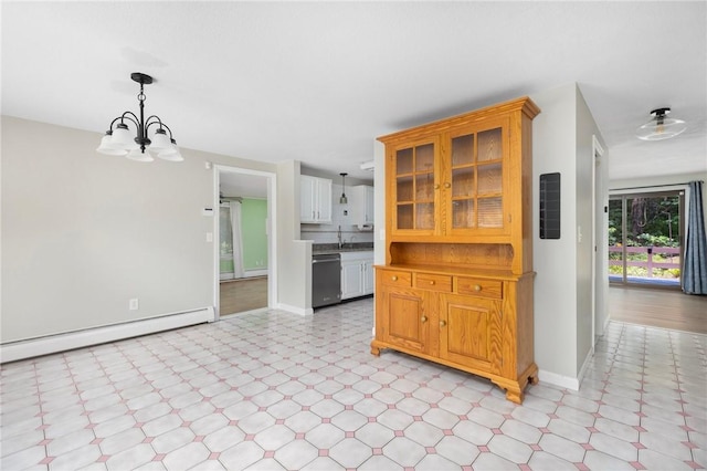 26 Pheasant Run Unit A, Smithfield, RI 02917 - kitchen with dishwasher, light floors, a chandelier, and baseboard heating
