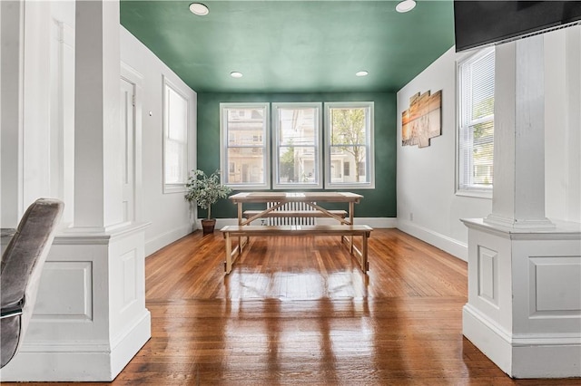61 Wealth Ave, Providence, RI 02908 - home office with ornate columns, hardwood / wood-style flooring, and recessed lighting