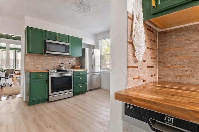 61 Wealth Ave, Providence, RI 02908 - kitchen featuring stainless steel appliances, green cabinetry, backsplash, wood counters, and light wood finished floors