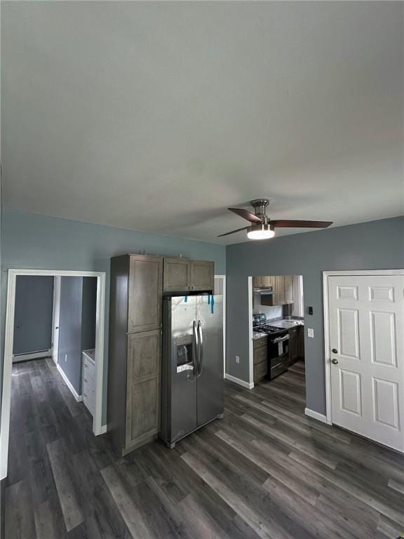 208 Carnation St, Pawtucket, RI 02860 - kitchen featuring gas range, stainless steel refrigerator with ice dispenser, ceiling fan, and dark wood-style floors