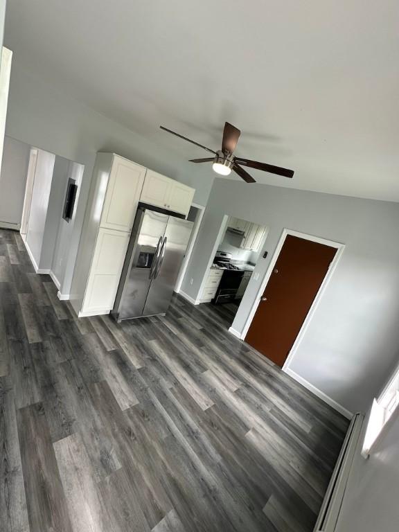208 Carnation St, Pawtucket, RI 02860 - kitchen featuring ceiling fan, white cabinetry, dark wood finished floors, and stainless steel fridge with ice dispenser