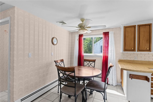 33 Limestone St, Warwick, RI 02889 - dining room with baseboard heating, wallpapered walls, ceiling fan, and light tile patterned floors