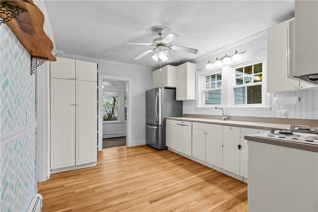 303 Washington Rd, Barrington, RI 02806 - kitchen with freestanding refrigerator, a baseboard heating unit, light wood-style flooring, ceiling fan, and white cabinetry