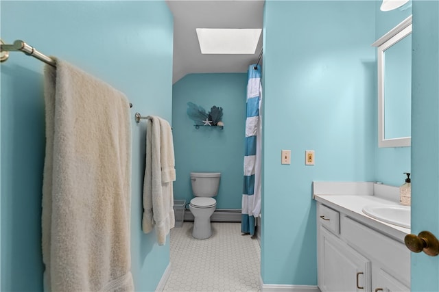 303 Washington Rd, Barrington, RI 02806 - full bathroom featuring a skylight, vanity, vaulted ceiling, and a shower with shower curtain