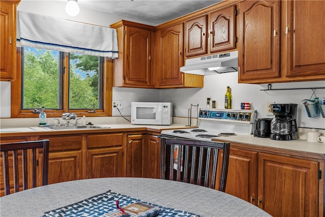 303 Washington Rd, Barrington, RI 02806 - kitchen featuring under cabinet range hood, white appliances, light countertops, and brown cabinets