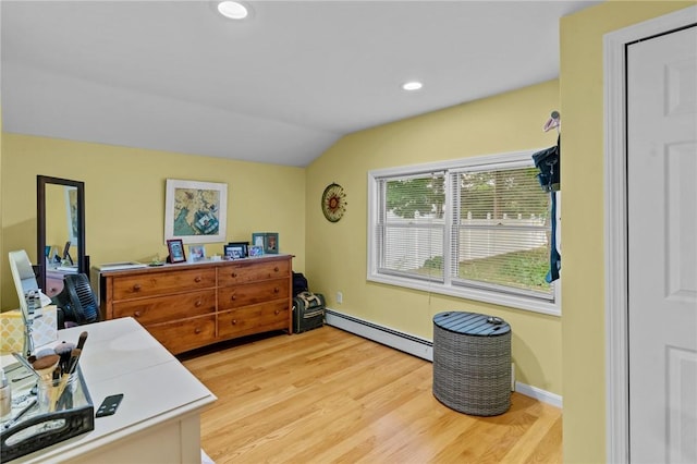 37 Ridge Rd, East Greenwich, RI 02818 - bedroom featuring baseboard heating, light wood-style flooring, lofted ceiling, and recessed lighting